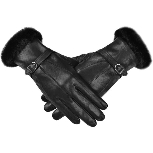 Harssidanzar Women's Black Winter Warm Lined With Fur Cuff Leather Gloves - Picture 3 of 5